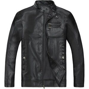Men's Black Faux Leather Stand Collar Motorcycle Lightweight Outwear Jacket
